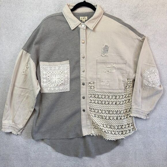 POL Distressed Patchwork Lace Small  Waffle Knit Shacket Gray Boho Jacket NWOT - Picture 1 of 8